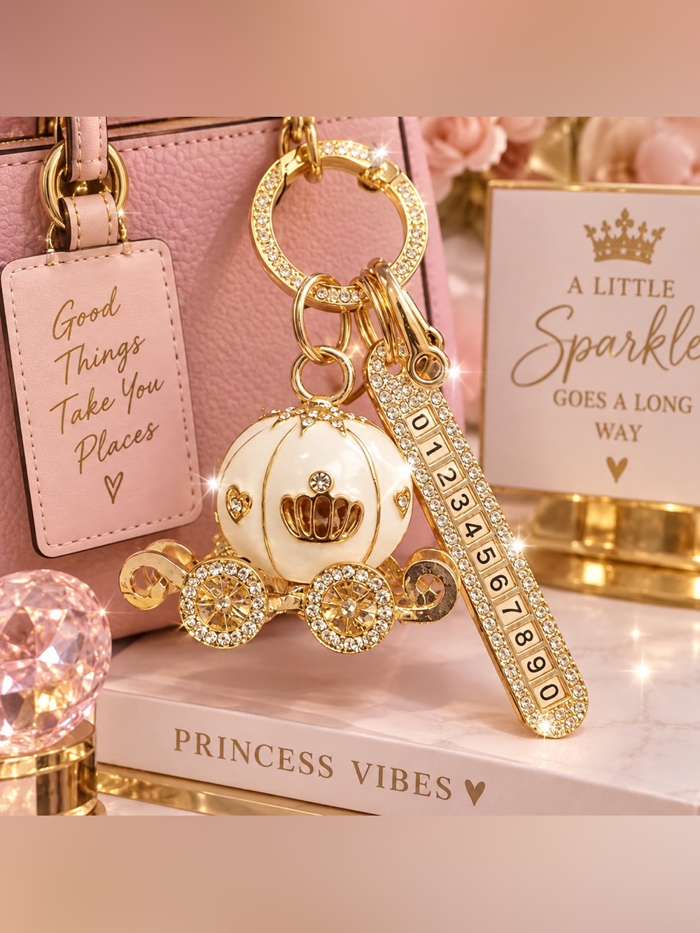 Rhinestone Pumpkin Carriage Keychain Gold Tone Crystal Charm